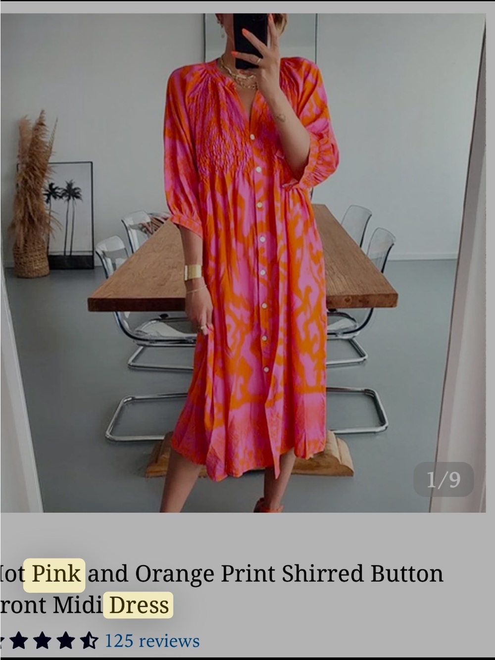 Hot Pink & Orange Print Shirred Button-Front Midi Dress